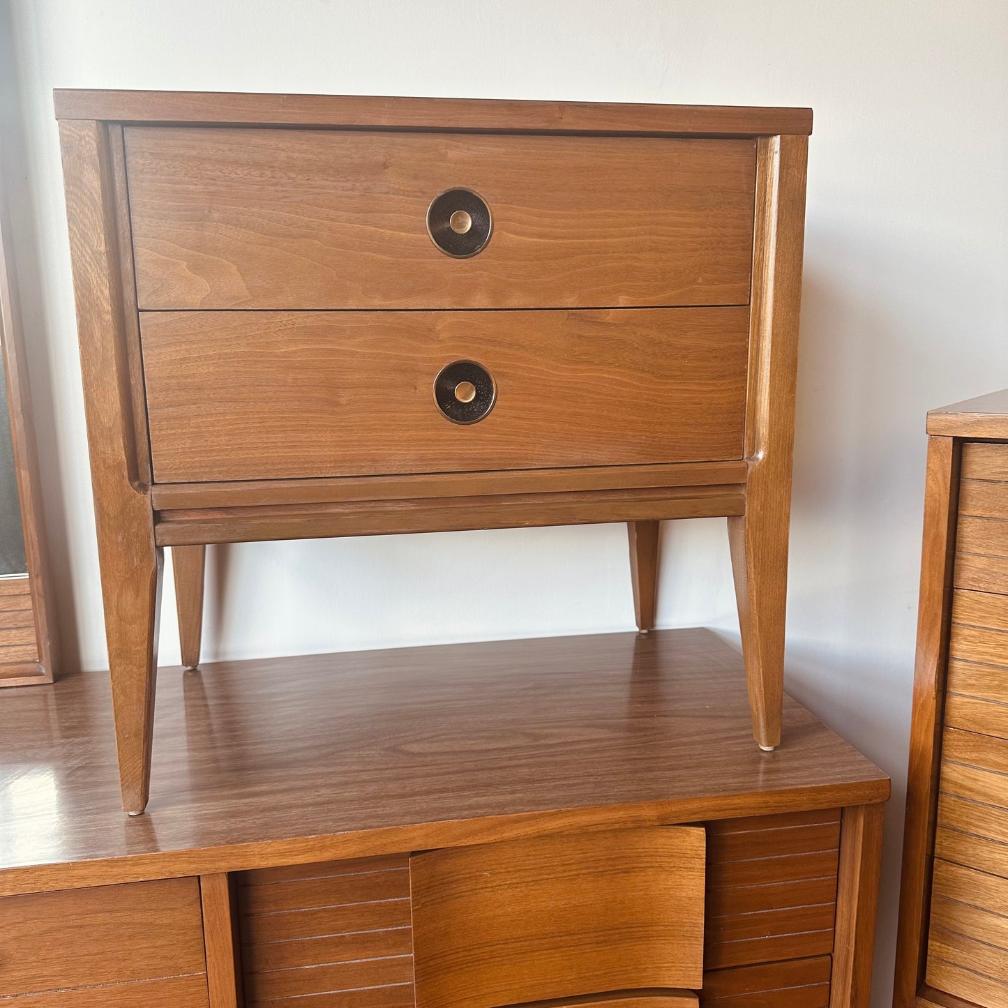 MID-CENTURY WALNUT BEDROOM SET - TWO DRESSERS AND NIGHTSTAND