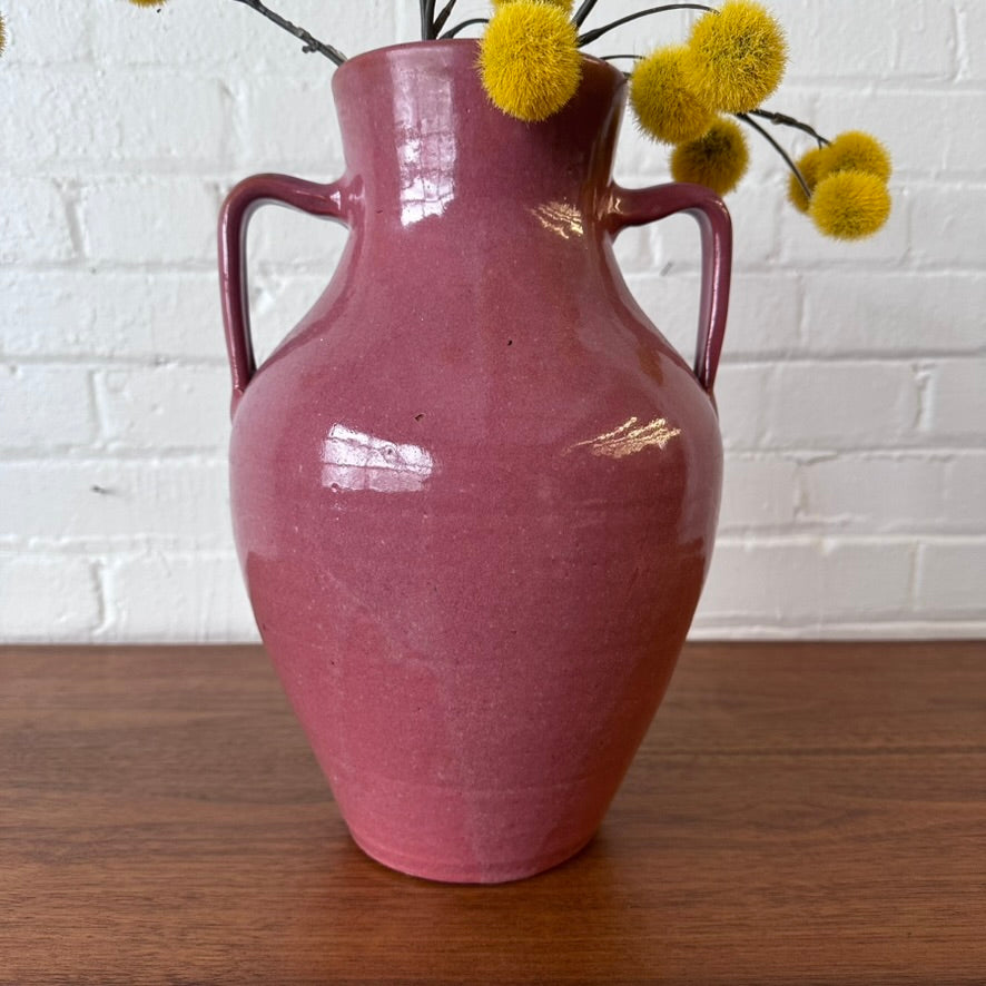 CERAMIC RASPBERRY PINK POTTERY VESSEL WITH HANDLES