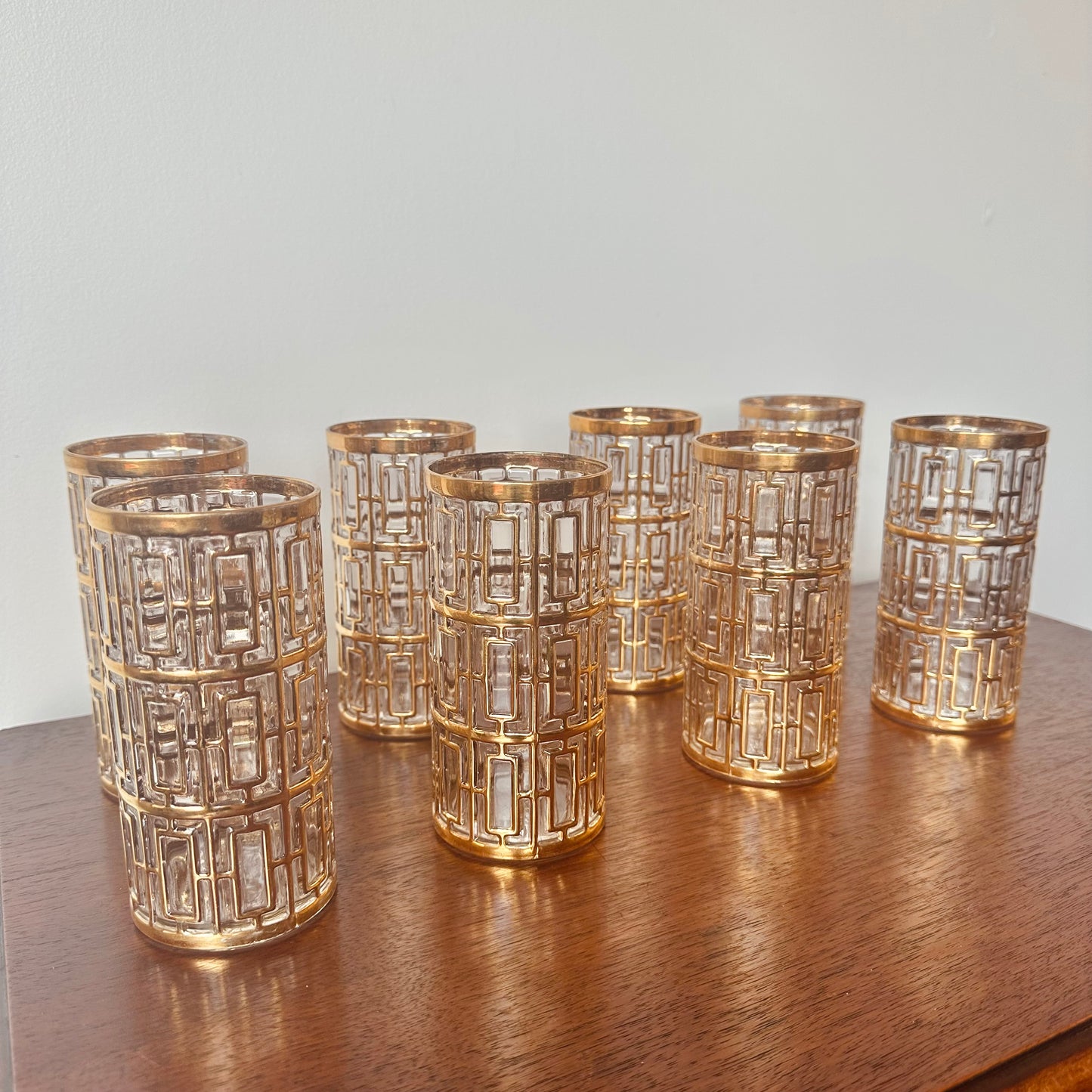 IMPERIAL GLASS 22 CARAT GOLD SHOJI TRELLIS GLASS SET OF 8 TUMBLERS