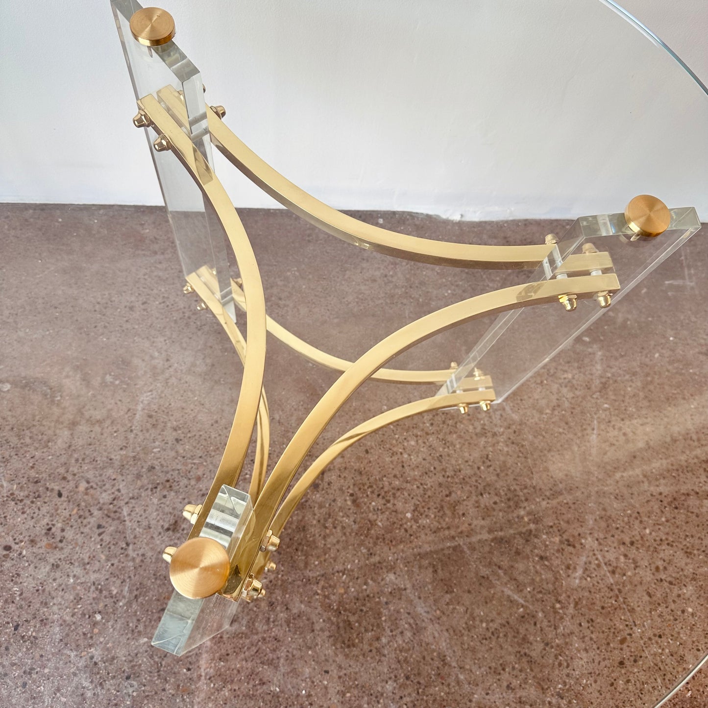 INTERLUDE GLASS, LUCITE, AND BRASS ACCENT TABLES