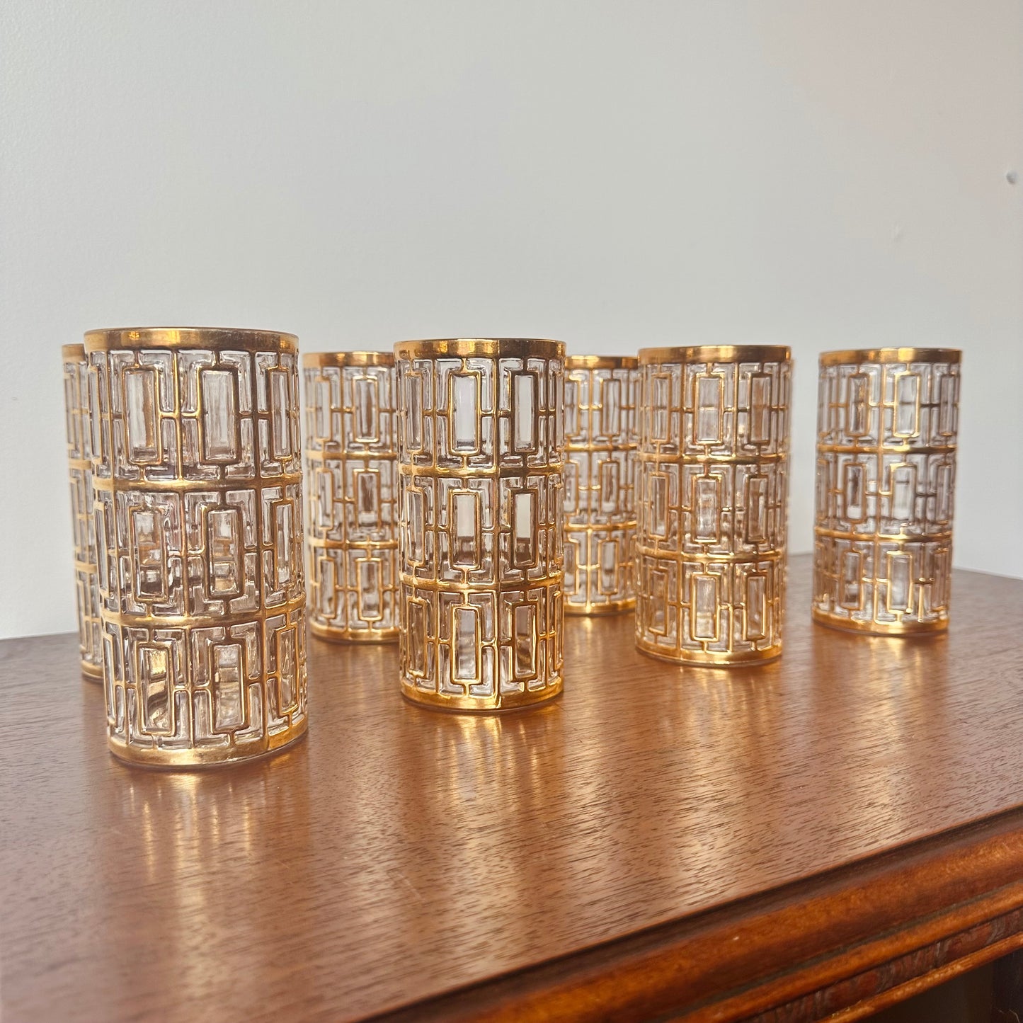 IMPERIAL GLASS 22 CARAT GOLD SHOJI TRELLIS GLASS SET OF 8 TUMBLERS