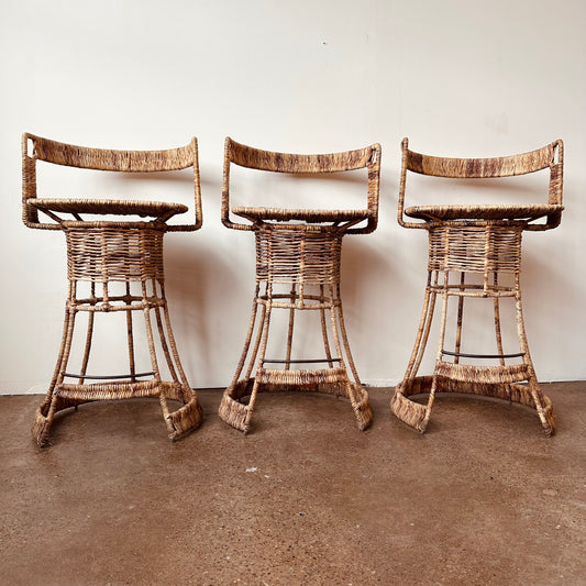 WOVEN RUSH FRENCH BAR STOOLS - SET OF 3