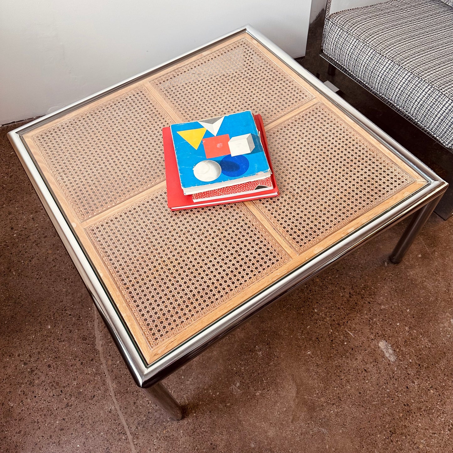 MID CENTURY MILO BAUGHMAN STYLE, CANE AND CHROME COFFEE TABLE