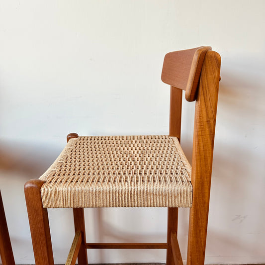 PAIR OF MODERN TEAK AND PAPER CORD BAR STOOLS