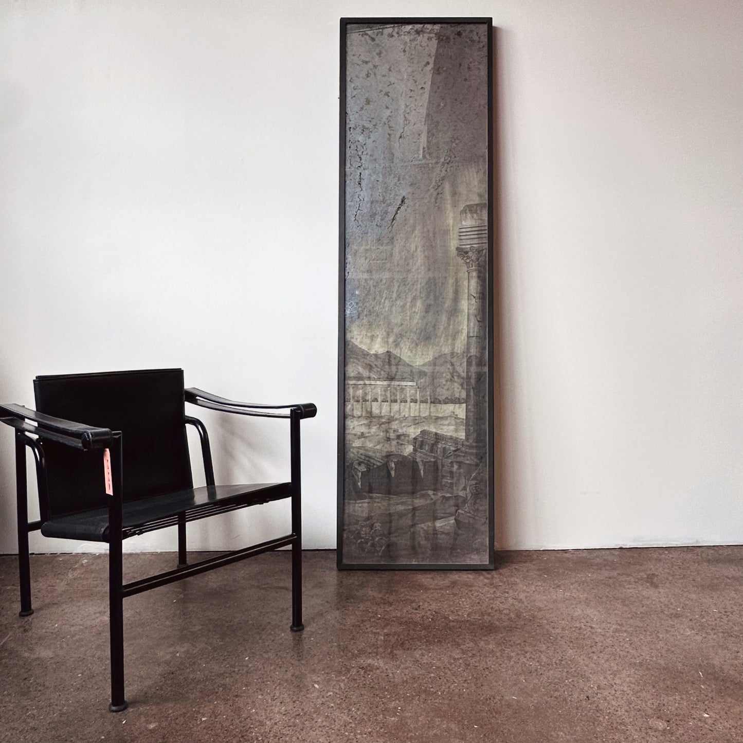 LONG ANTIQUED MIRROR WITH ROMANESQUE SCENE