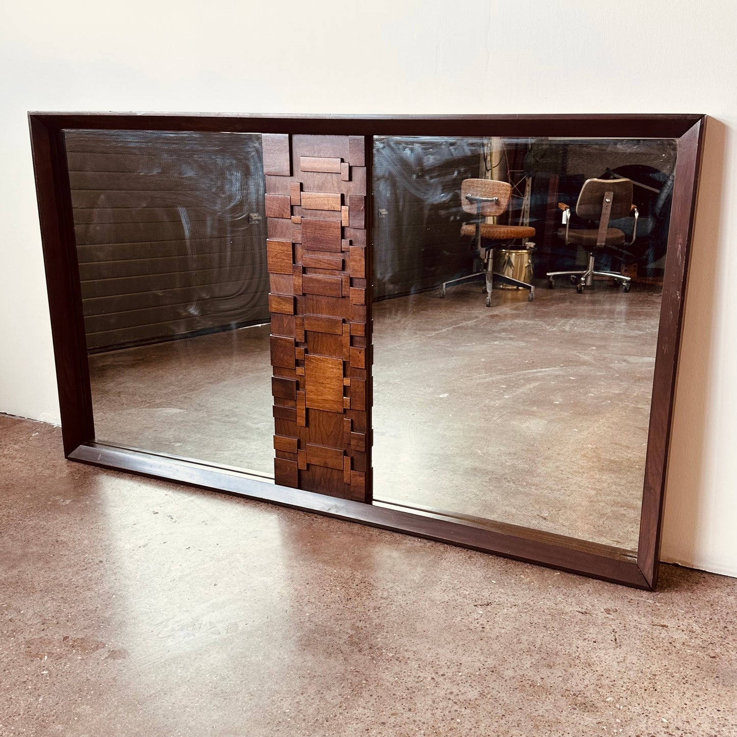 OVERSIZED WALNUT BRUTALIST WALL OR FLOOR MIRROR