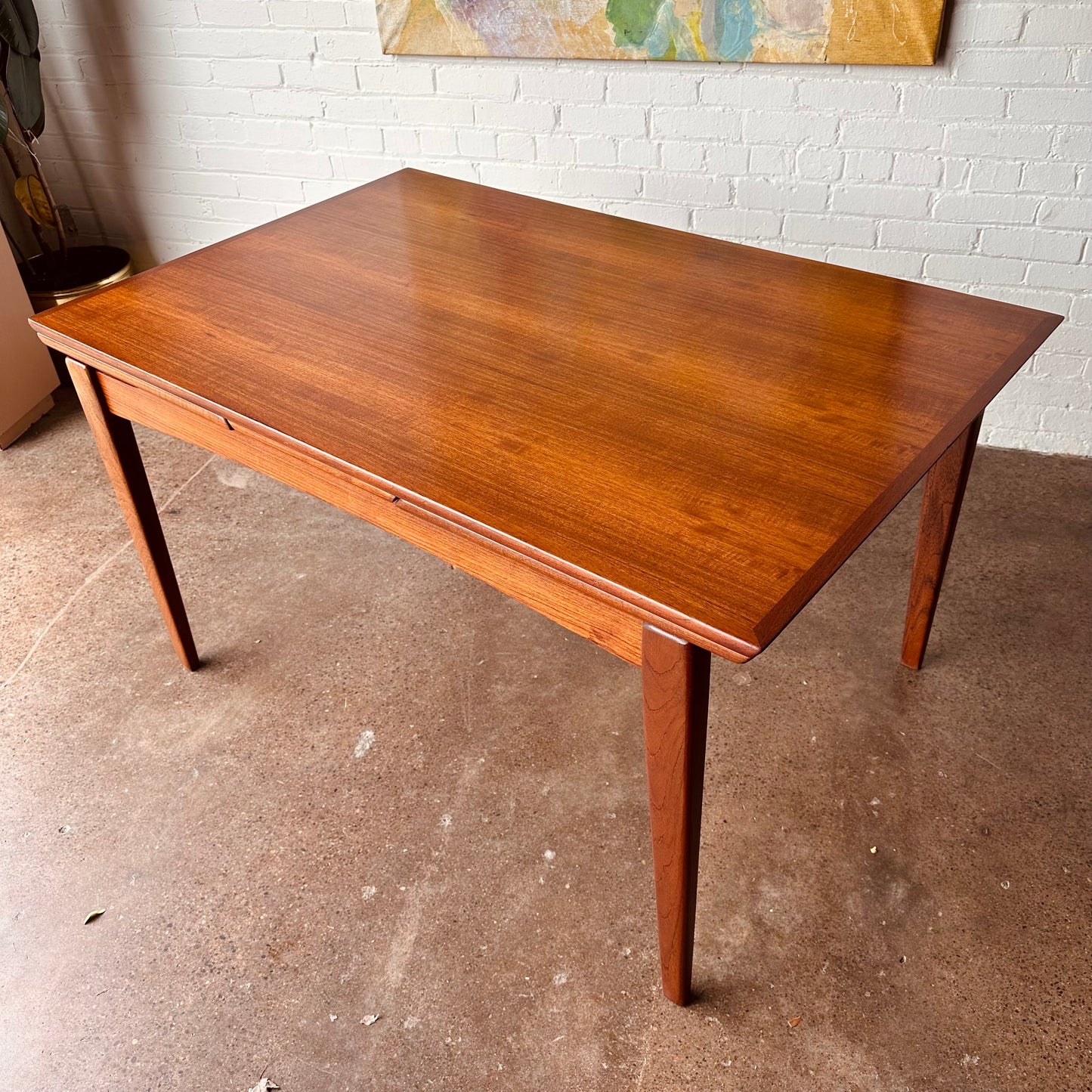 DANISH TEAK BEVELED EDGE DINING TABLE WITH DRAW LEAVES