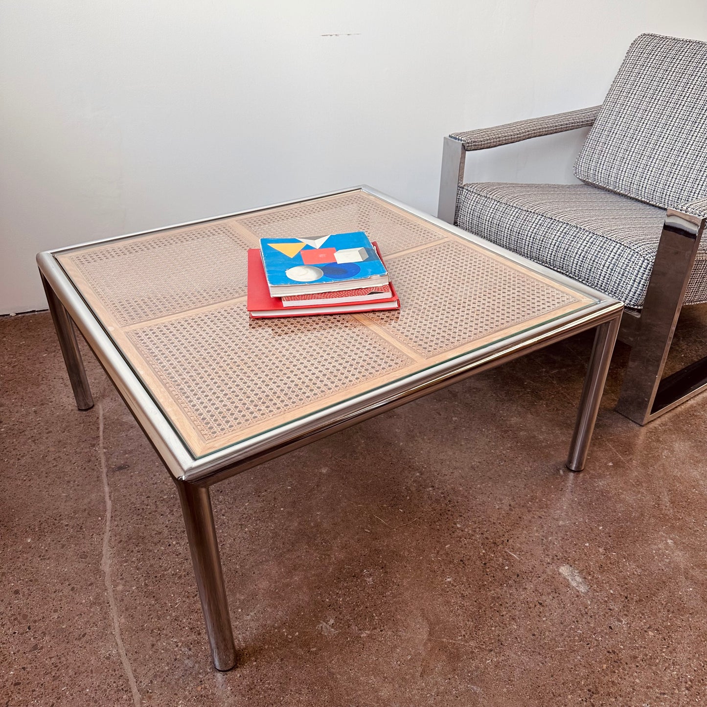 MID CENTURY MILO BAUGHMAN STYLE, CANE AND CHROME COFFEE TABLE