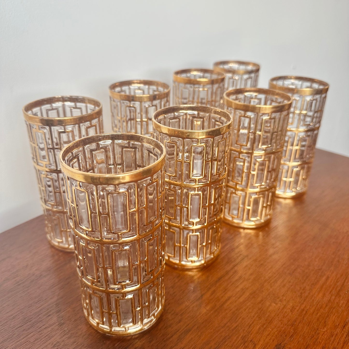 IMPERIAL GLASS 22 CARAT GOLD SHOJI TRELLIS GLASS SET OF 8 TUMBLERS