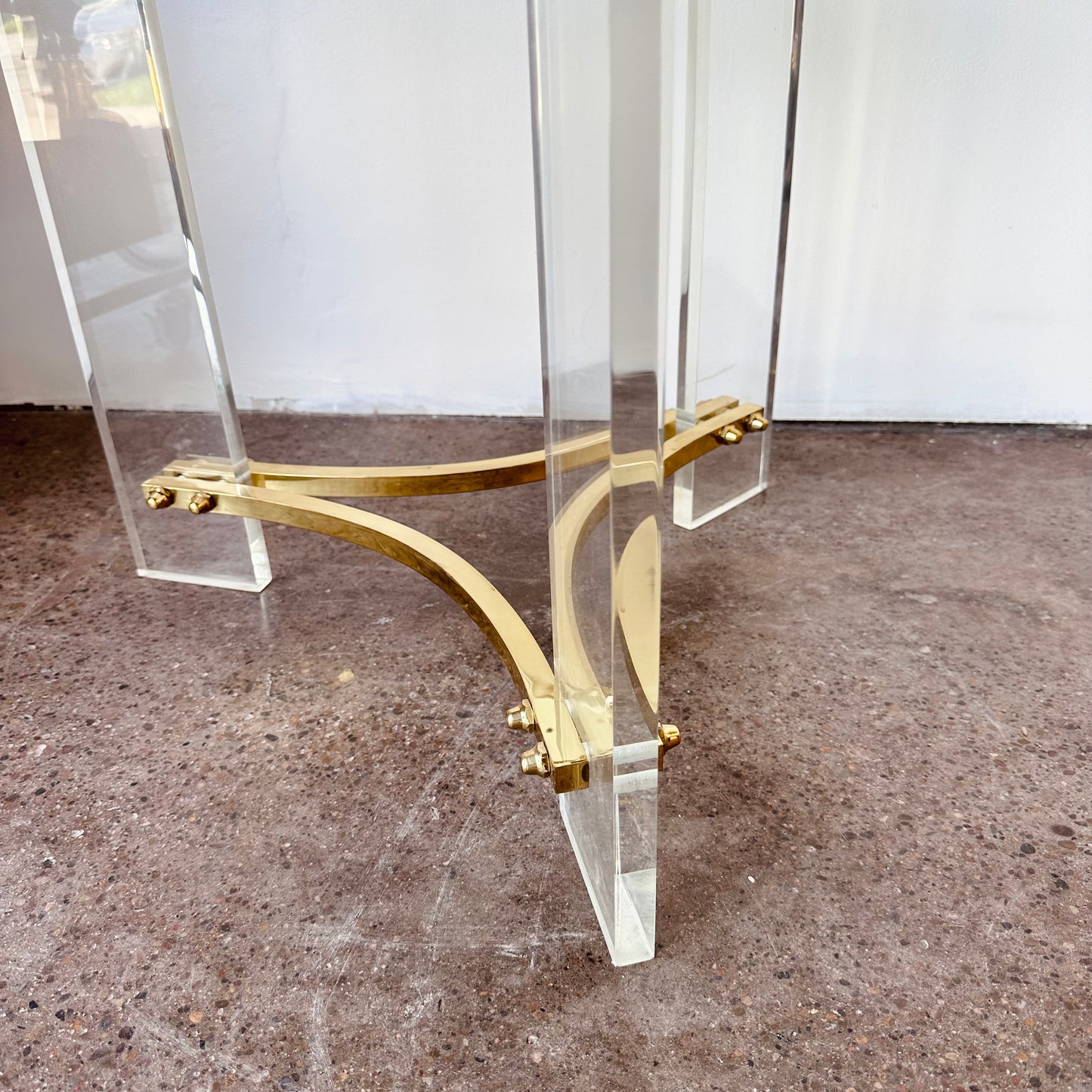 INTERLUDE GLASS, LUCITE, AND BRASS ACCENT TABLES