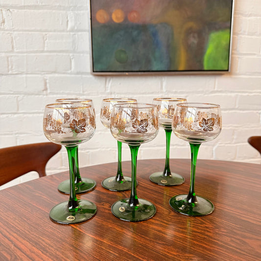 LUMINARC GREEN STEM GOLD GRAPES LEAVES WINE GLASSES SET OF 6