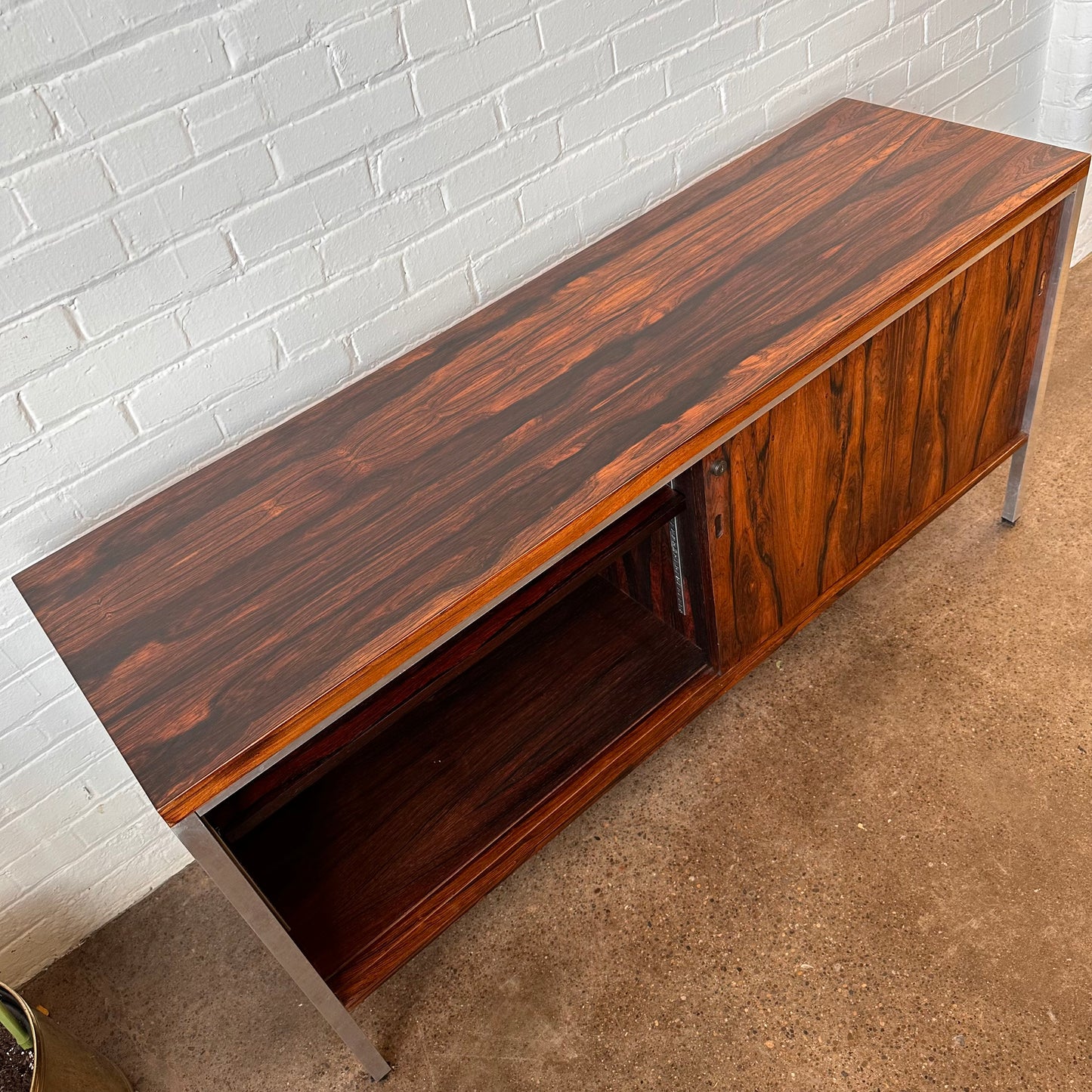 ROSEWOOD AND CHROME BYPASS DOOR CREDENZA