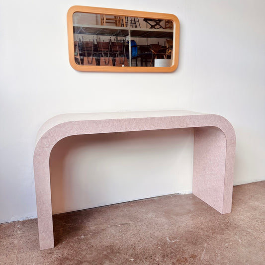 MAUVE FAUX BOIS BURLWOOD LAMINATE WATERFALL CONSOLE TABLE