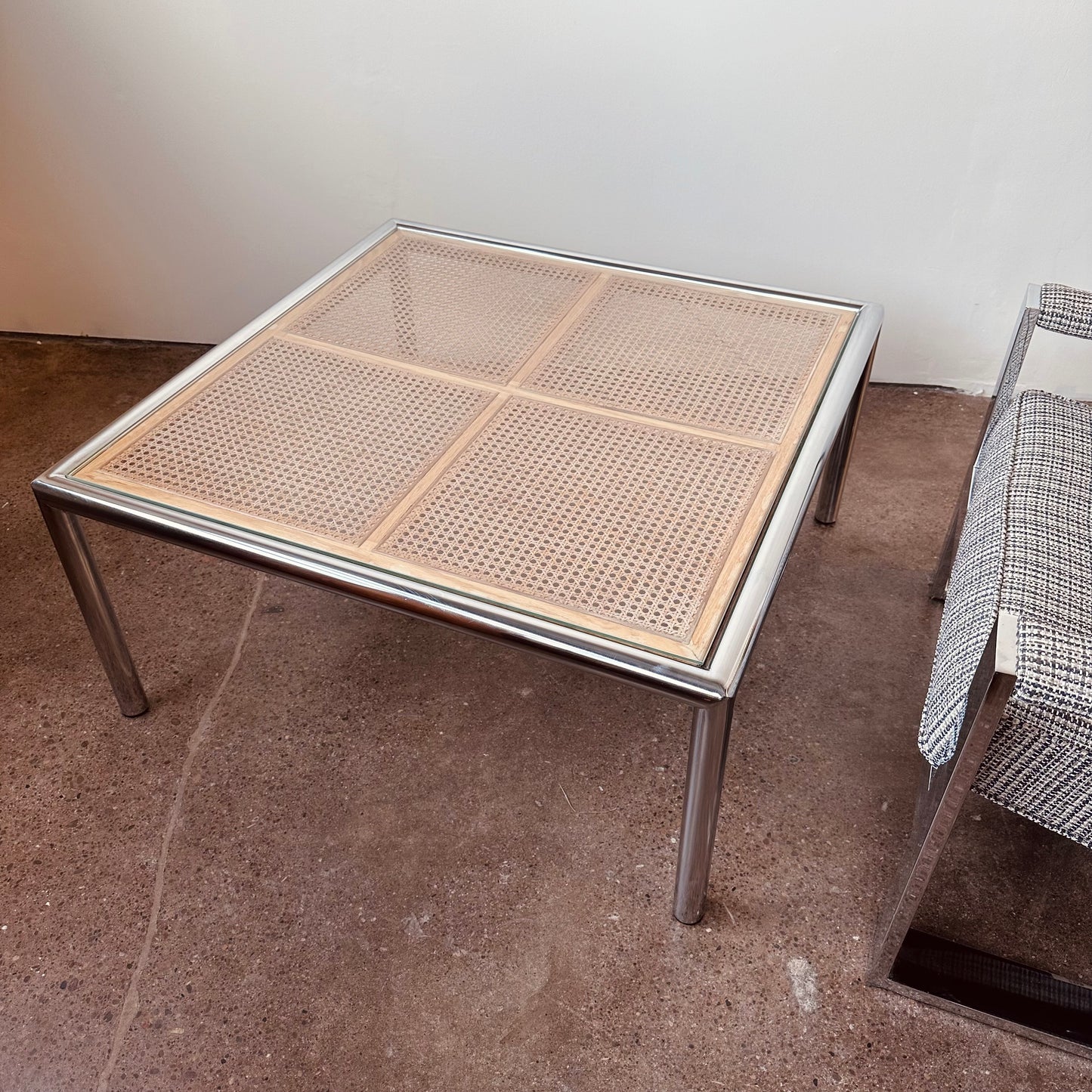 MID CENTURY MILO BAUGHMAN STYLE, CANE AND CHROME COFFEE TABLE