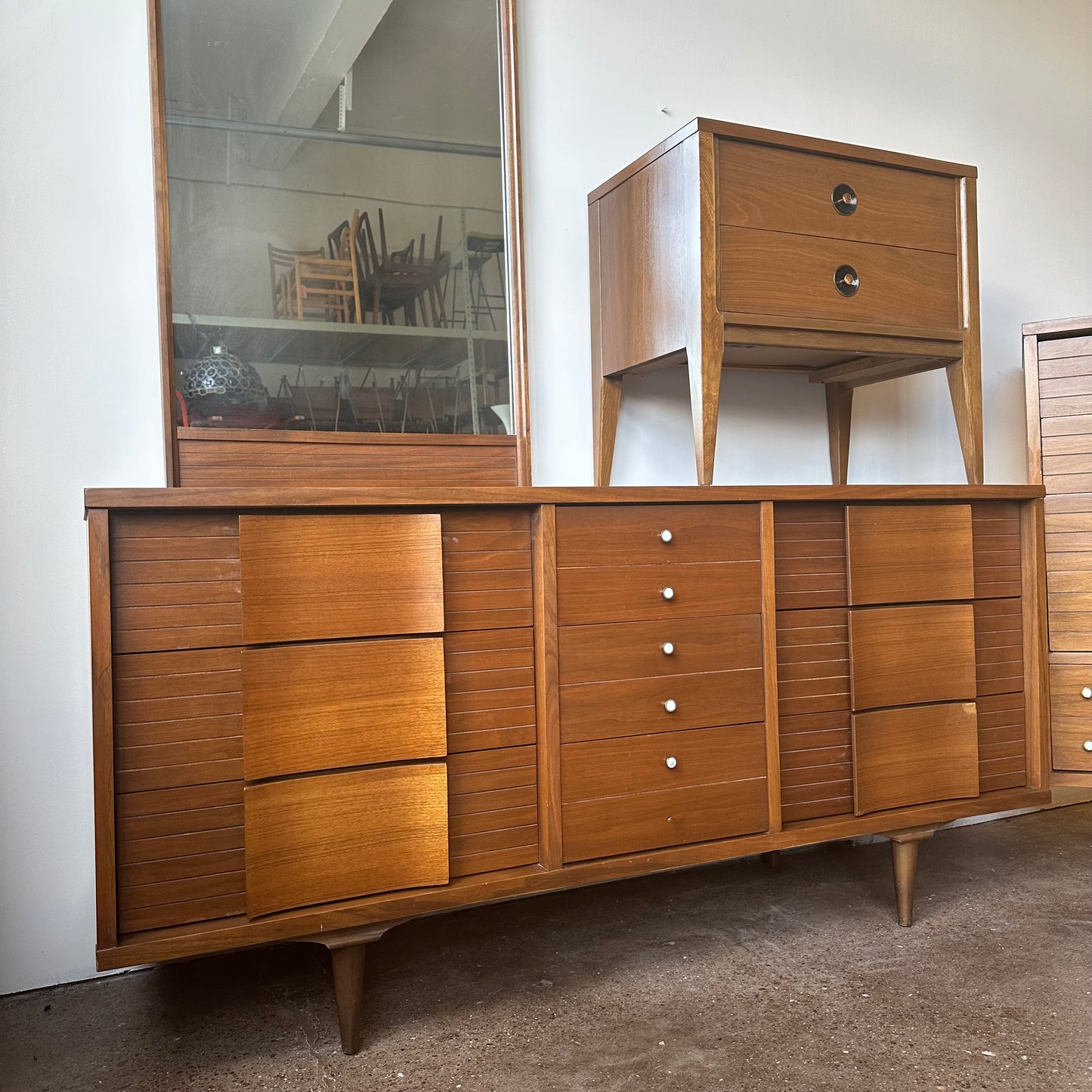 MID-CENTURY WALNUT BEDROOM SET - TWO DRESSERS AND NIGHTSTAND