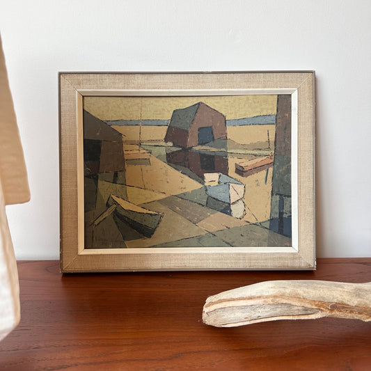 ABSTRACT EXPRESSIONIST HARBOR SCENE FRAMED ARTWORK