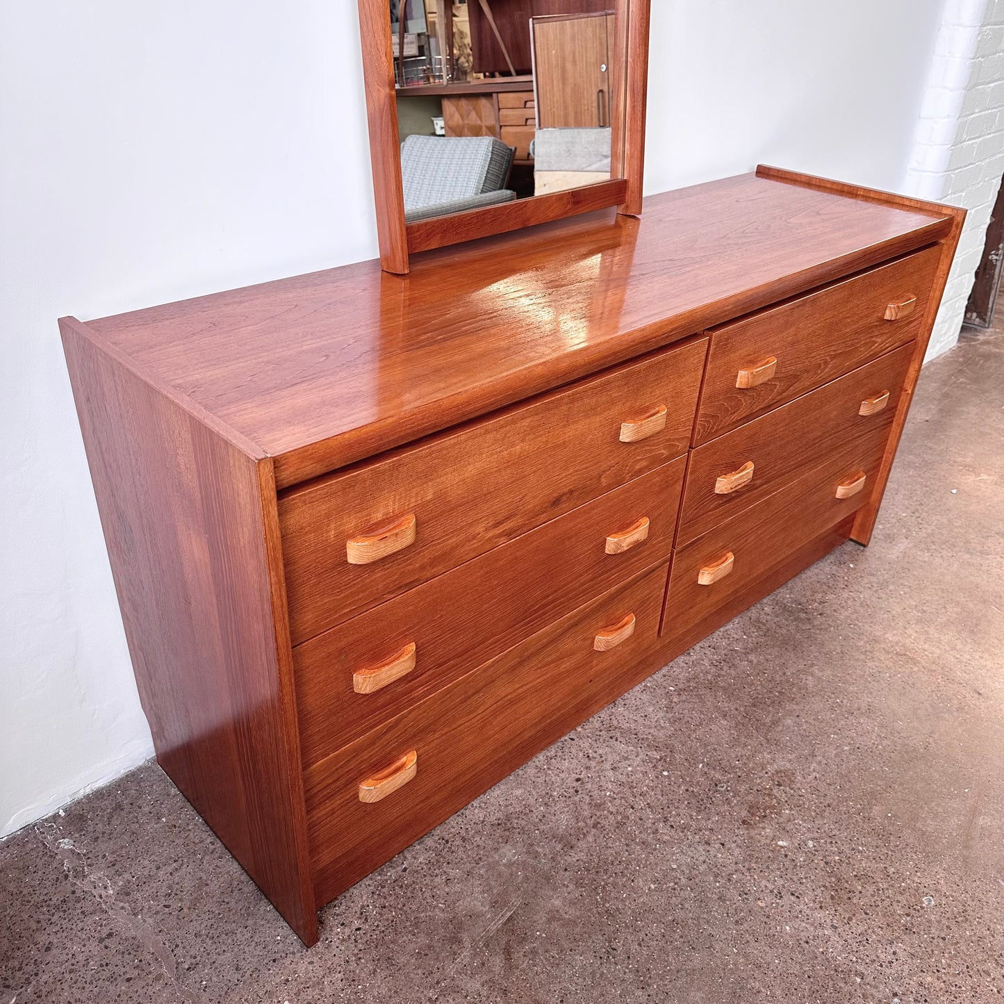 RS ASSOCIATES TEAK SIX DRAWER DRESSER WITH MIRROR