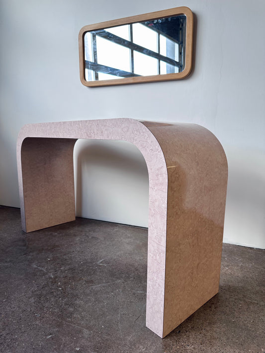MAUVE FAUX BOIS BURLWOOD LAMINATE WATERFALL CONSOLE TABLE