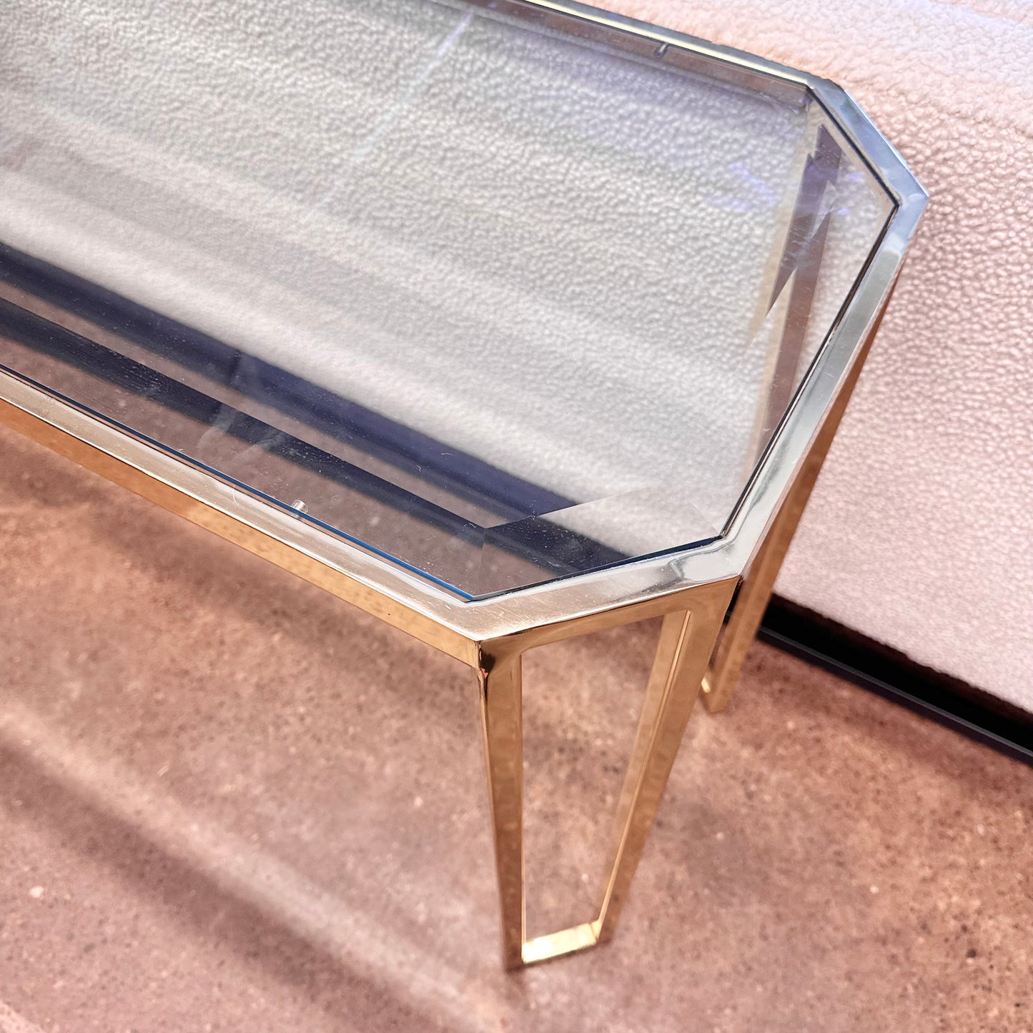 VINTAGE BRASS & BEVELED GLASS CONSOLE TABLE