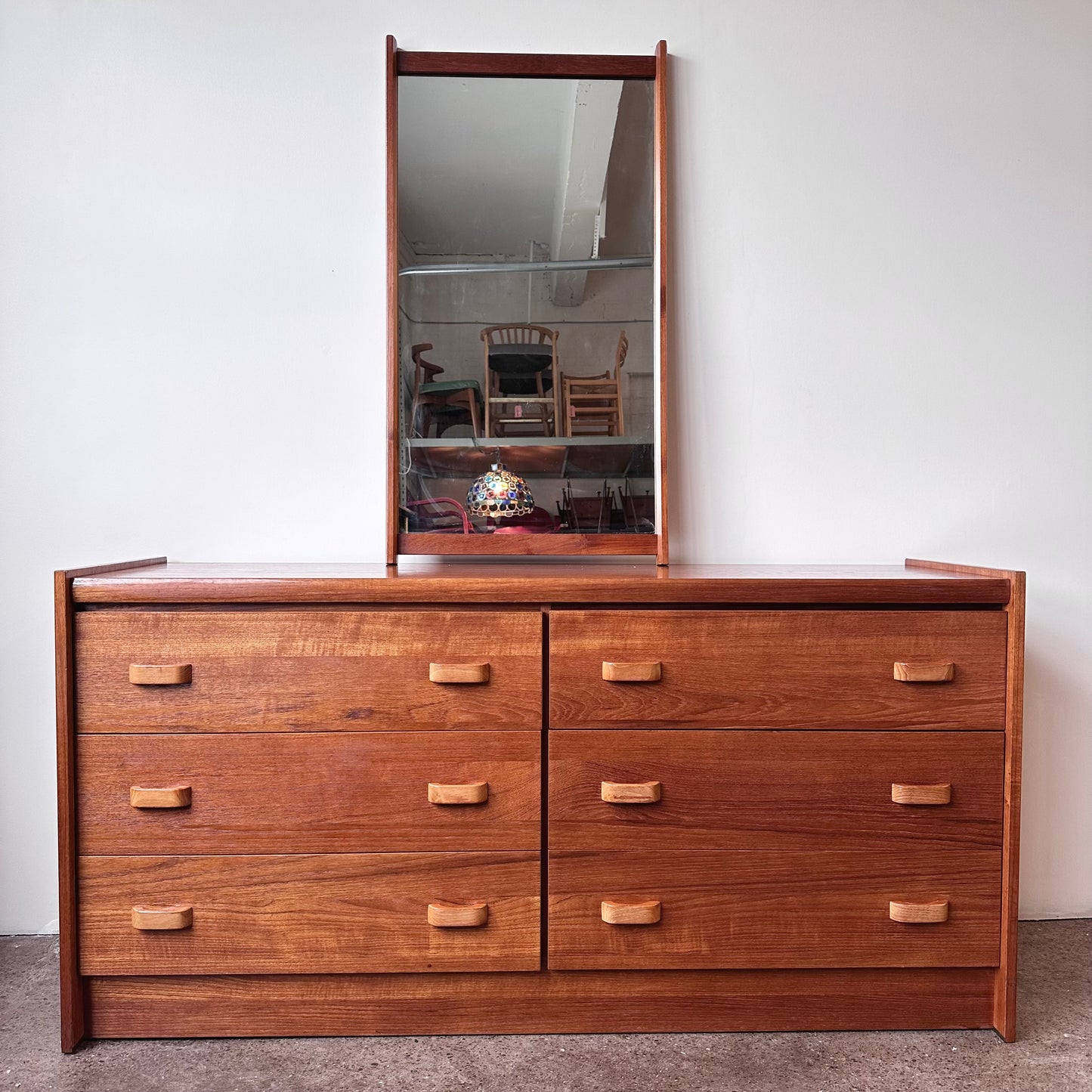 RS ASSOCIATES TEAK SIX DRAWER DRESSER WITH MIRROR