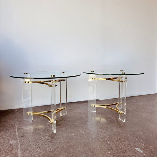 INTERLUDE GLASS, LUCITE, AND BRASS ACCENT TABLES