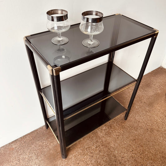 BLACK AND BRASS METAL SHELVE WITH SMOKE GLASS