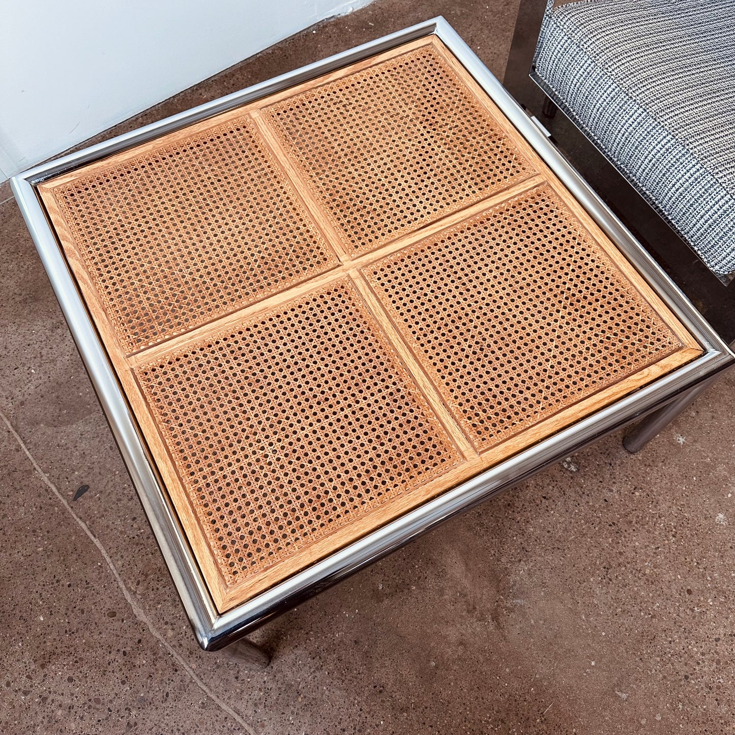 MID CENTURY MILO BAUGHMAN STYLE, CANE AND CHROME COFFEE TABLE
