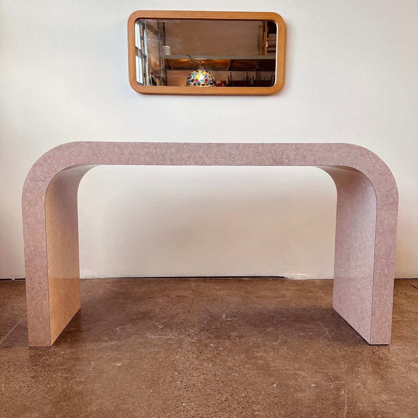 MAUVE FAUX BOIS BURLWOOD LAMINATE WATERFALL CONSOLE TABLE