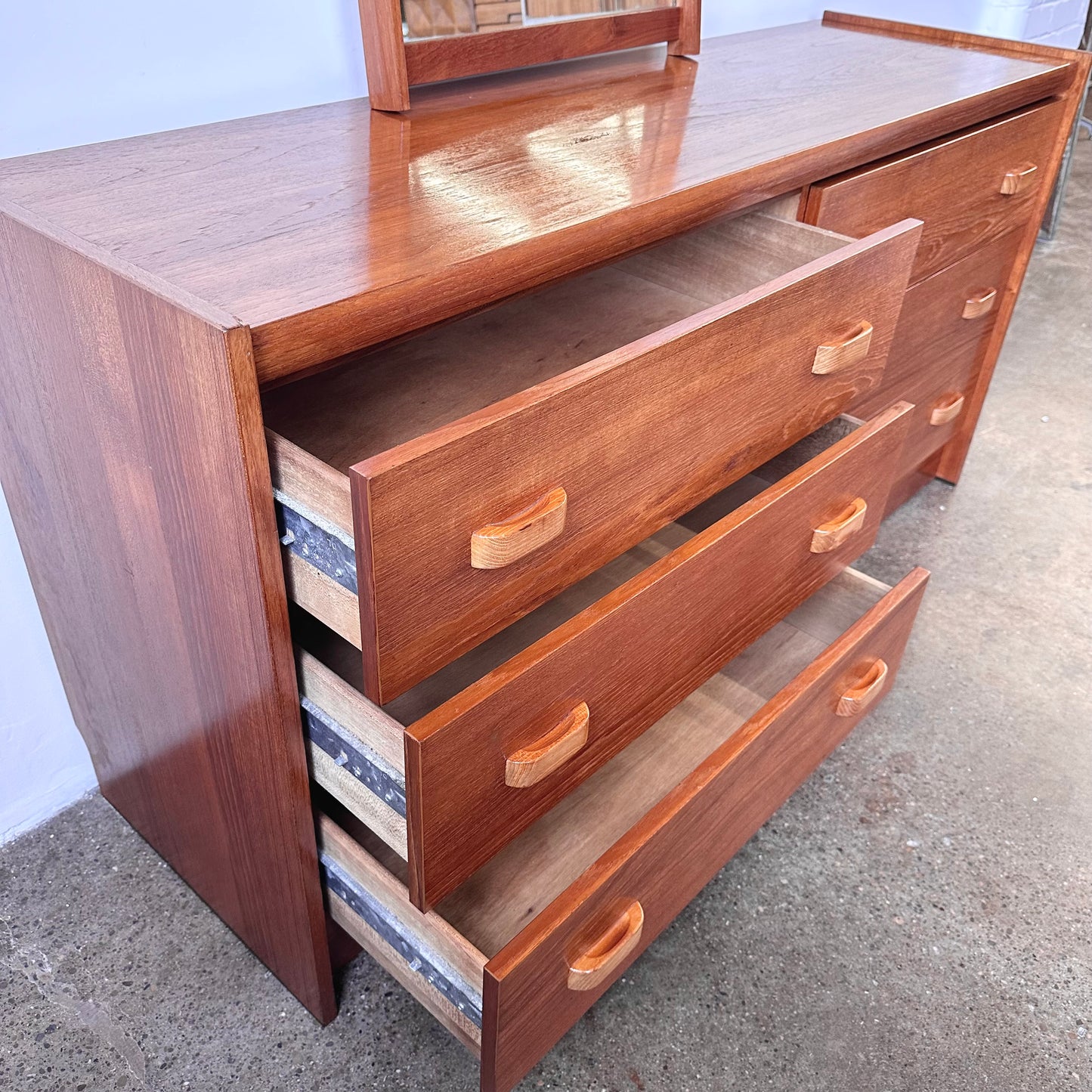 RS ASSOCIATES TEAK SIX DRAWER DRESSER WITH MIRROR