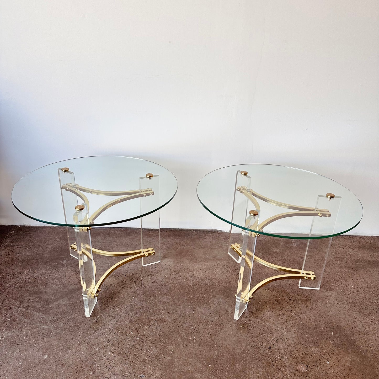 INTERLUDE GLASS, LUCITE, AND BRASS ACCENT TABLES