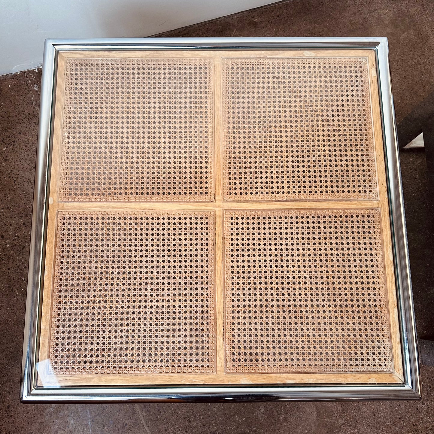 MID CENTURY MILO BAUGHMAN STYLE, CANE AND CHROME COFFEE TABLE