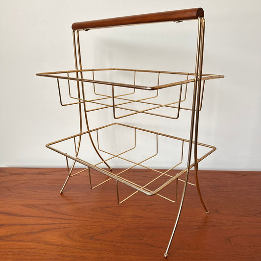 TWO TIER BRASS AND TEAK MAGAZINE RACK
