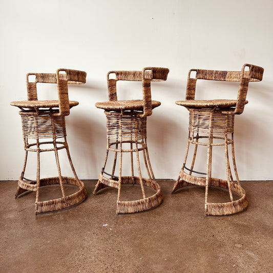 WOVEN RUSH FRENCH BAR STOOLS - SET OF 3