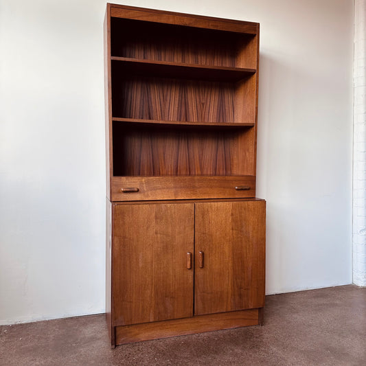 WALNUT TWO PIECE BOOKSHELF WITH DRAWER