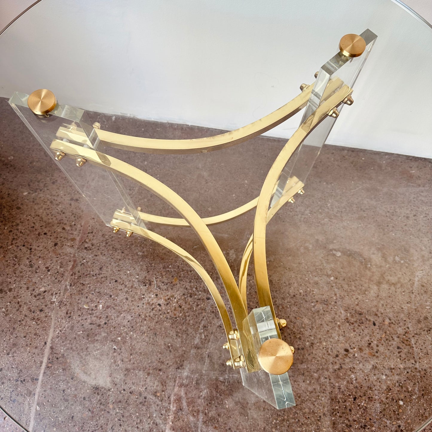 INTERLUDE GLASS, LUCITE, AND BRASS ACCENT TABLES