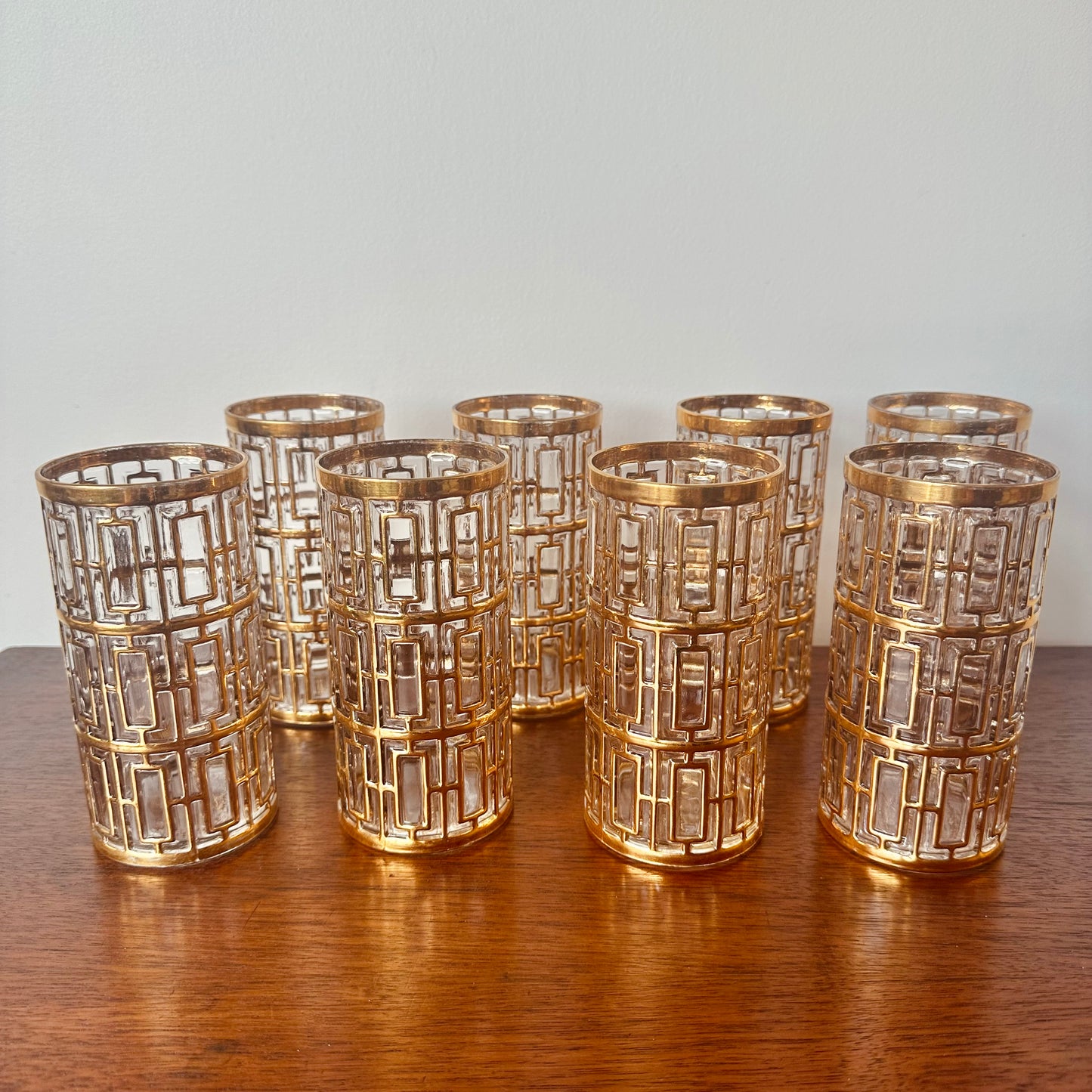 IMPERIAL GLASS 22 CARAT GOLD SHOJI TRELLIS GLASS SET OF 8 TUMBLERS