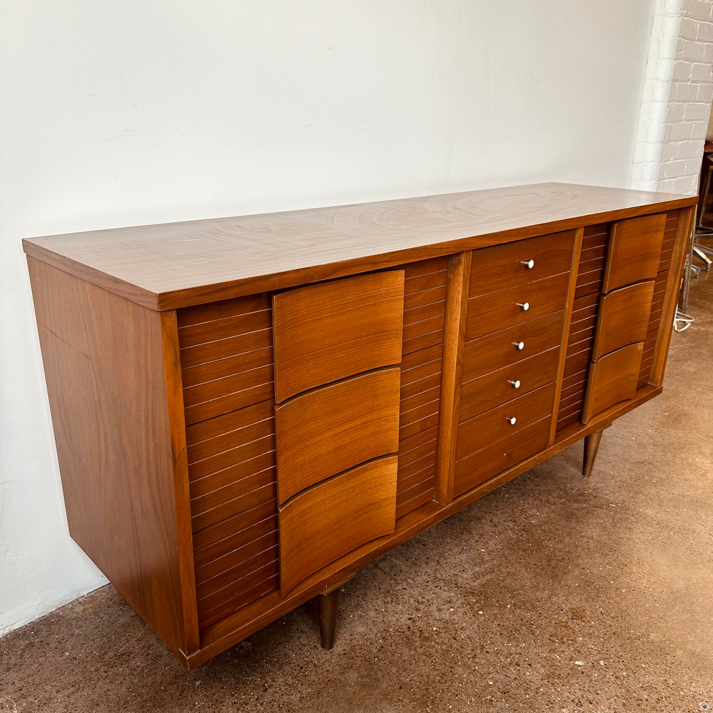 MID-CENTURY WALNUT BEDROOM SET - TWO DRESSERS AND NIGHTSTAND