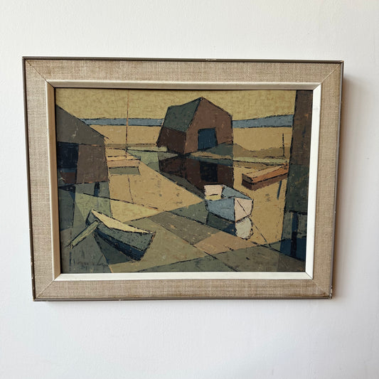 ABSTRACT EXPRESSIONIST HARBOR SCENE FRAMED ARTWORK