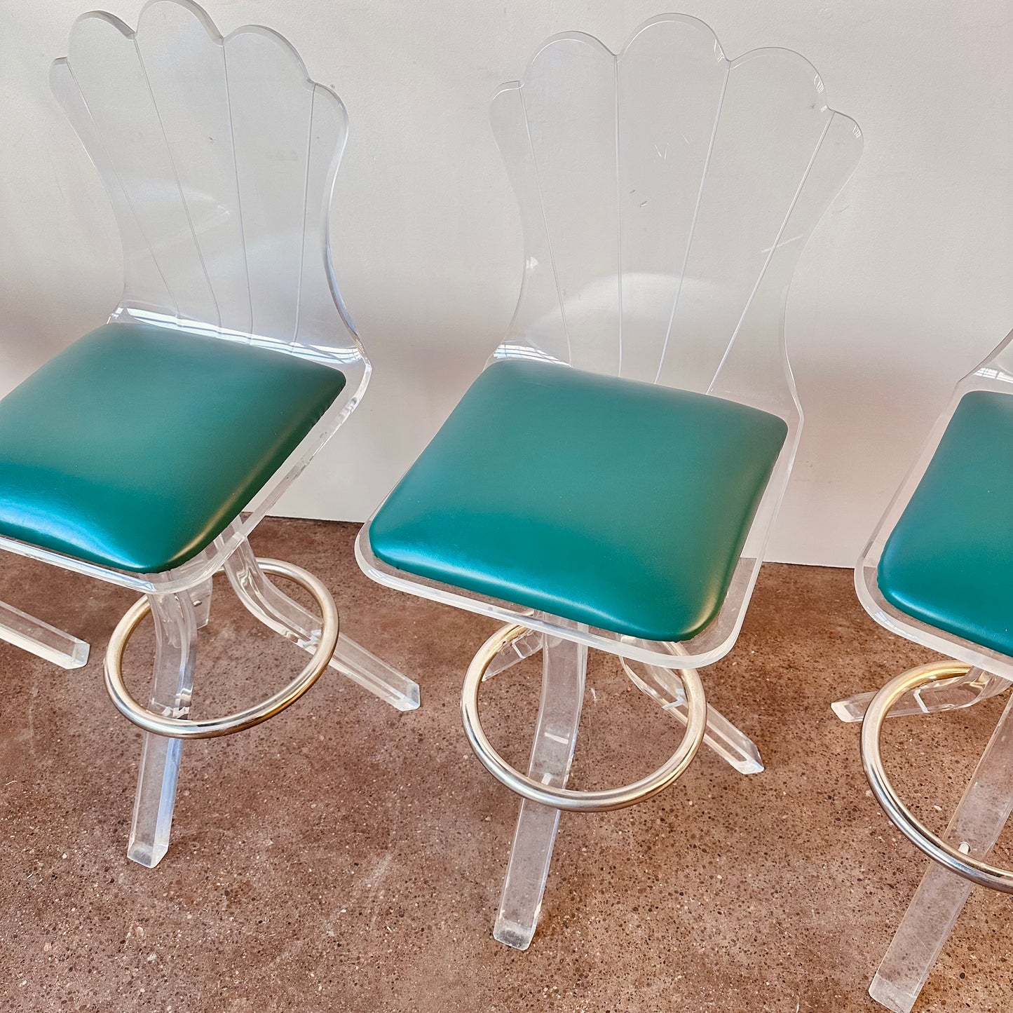 SET OF 4 HILL MANUFACTURERS LUCITE & CHROME SWIVEL COUNTER STOOLS