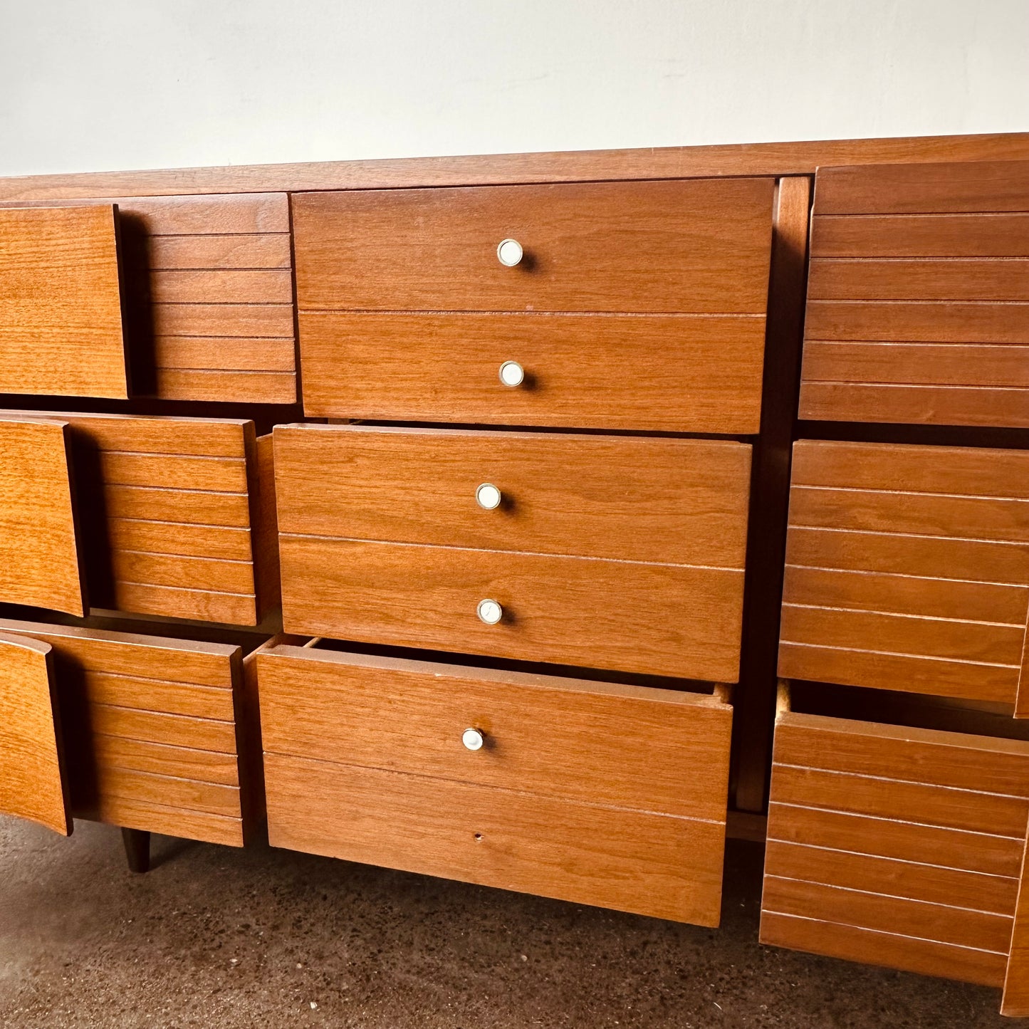 MID-CENTURY WALNUT BEDROOM SET - TWO DRESSERS AND NIGHTSTAND