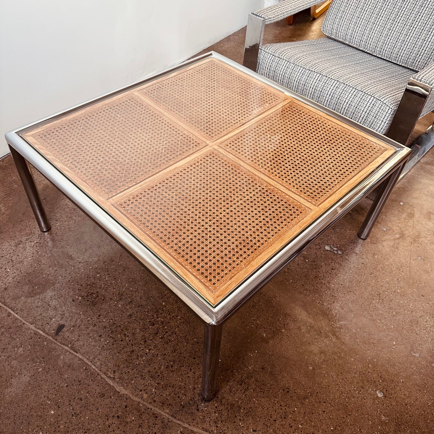 MID CENTURY MILO BAUGHMAN STYLE, CANE AND CHROME COFFEE TABLE