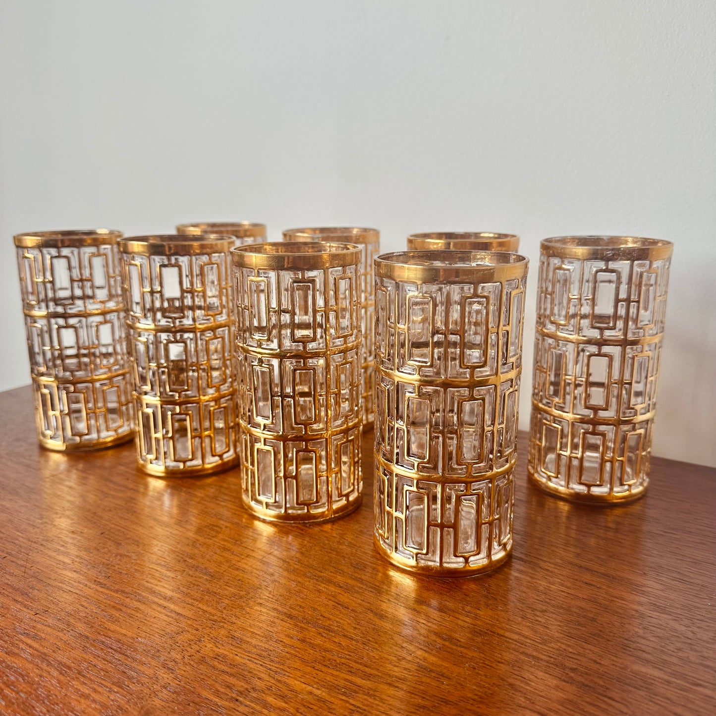 IMPERIAL GLASS 22 CARAT GOLD SHOJI TRELLIS GLASS SET OF 8 TUMBLERS