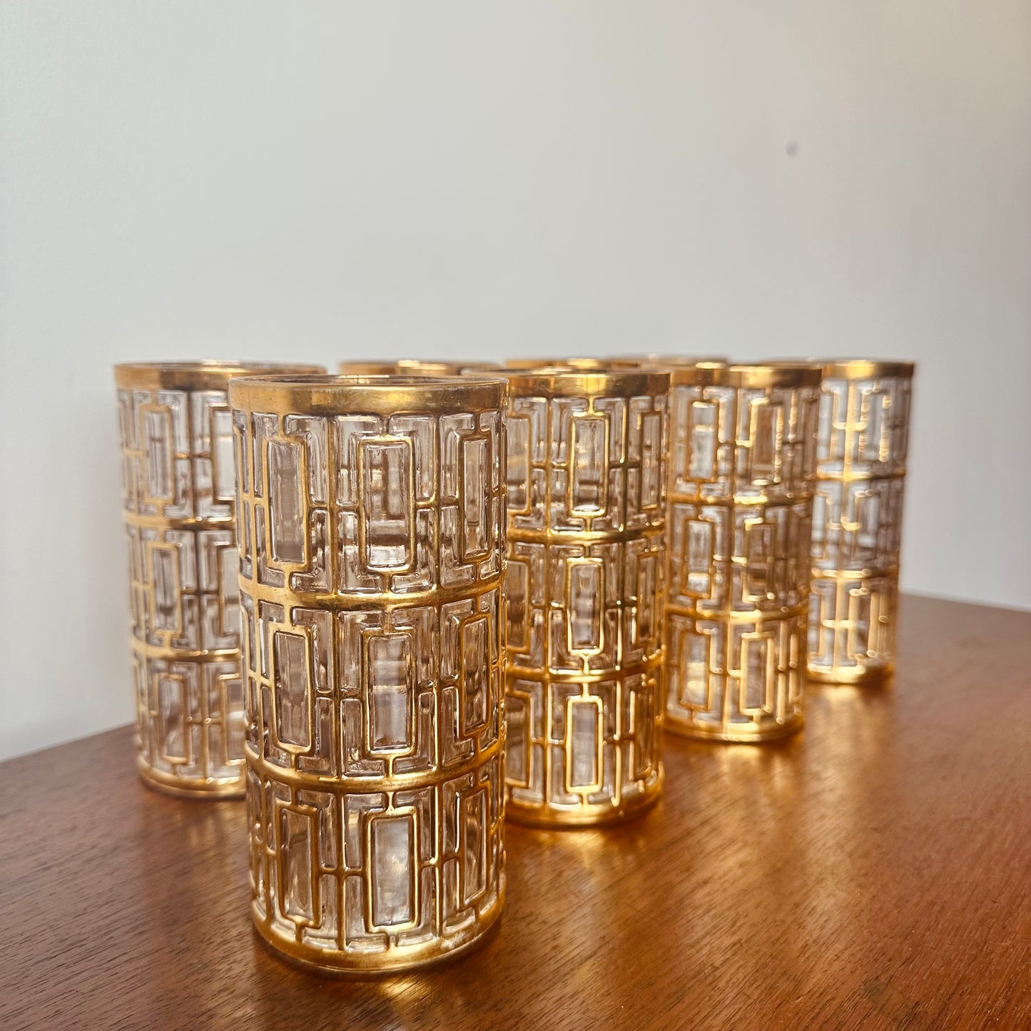 IMPERIAL GLASS 22 CARAT GOLD SHOJI TRELLIS GLASS SET OF 8 TUMBLERS
