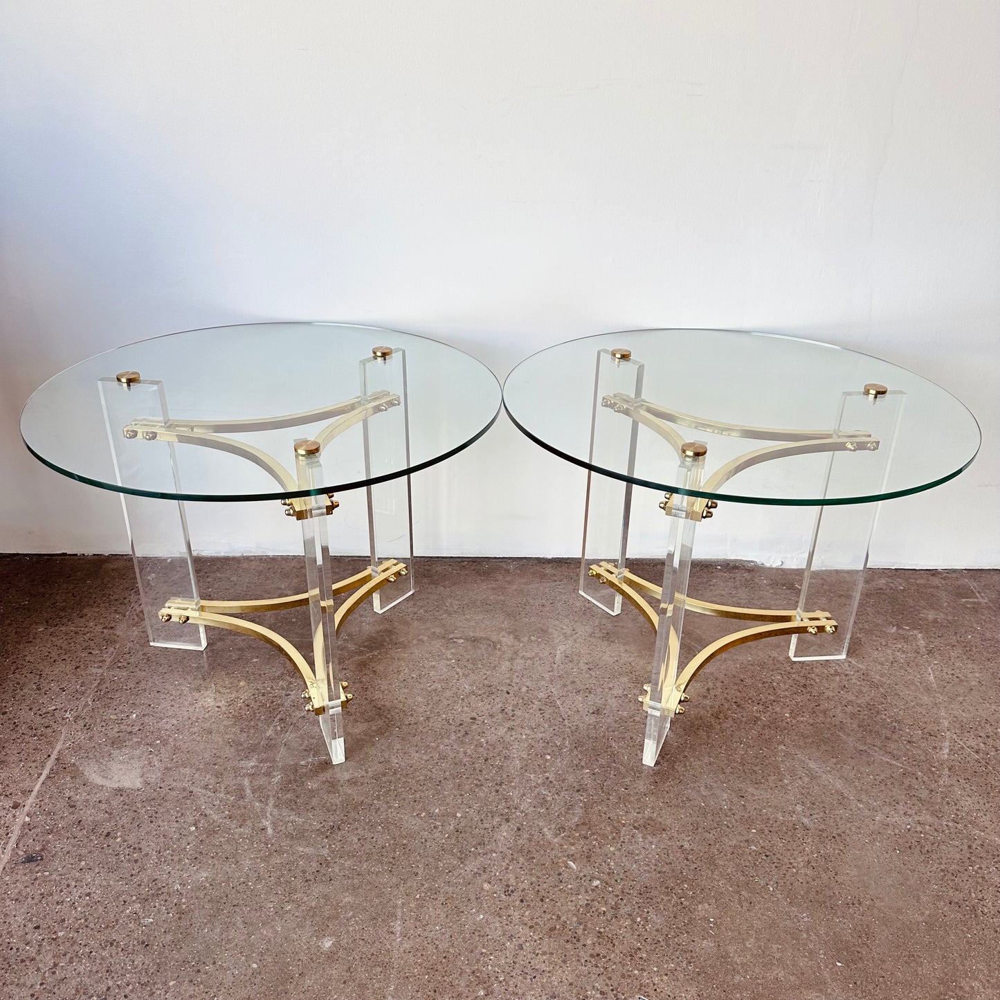 INTERLUDE GLASS, LUCITE, AND BRASS ACCENT TABLES