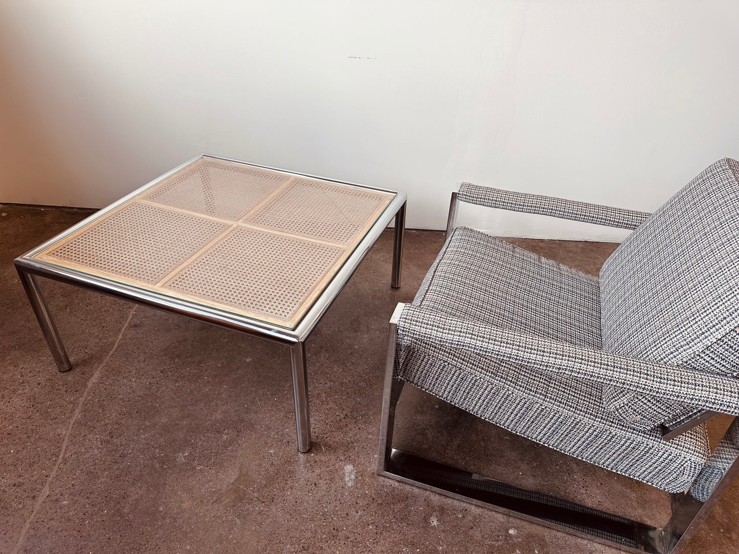 MID CENTURY MILO BAUGHMAN STYLE, CANE AND CHROME COFFEE TABLE
