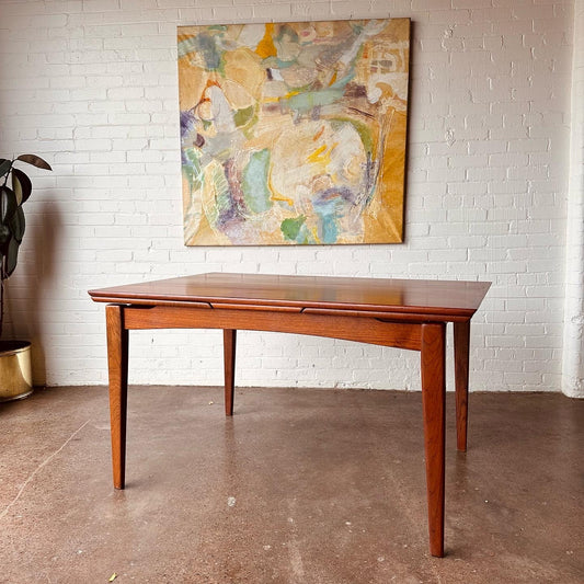 DANISH TEAK BEVELED EDGE DINING TABLE WITH DRAW LEAVES