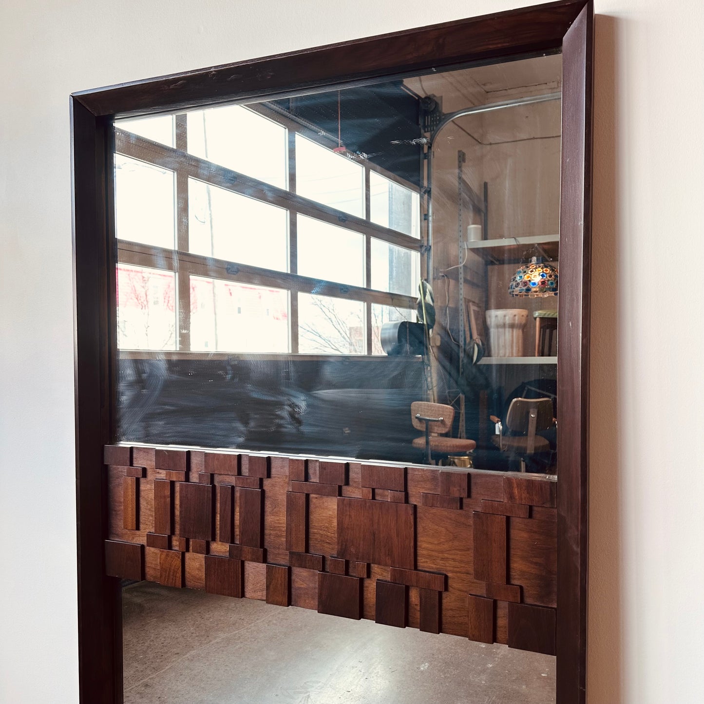 OVERSIZED WALNUT BRUTALIST WALL OR FLOOR MIRROR