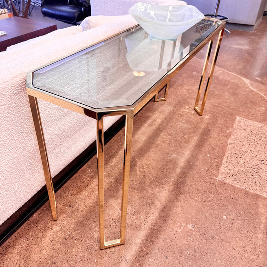 VINTAGE BRASS & BEVELED GLASS CONSOLE TABLE