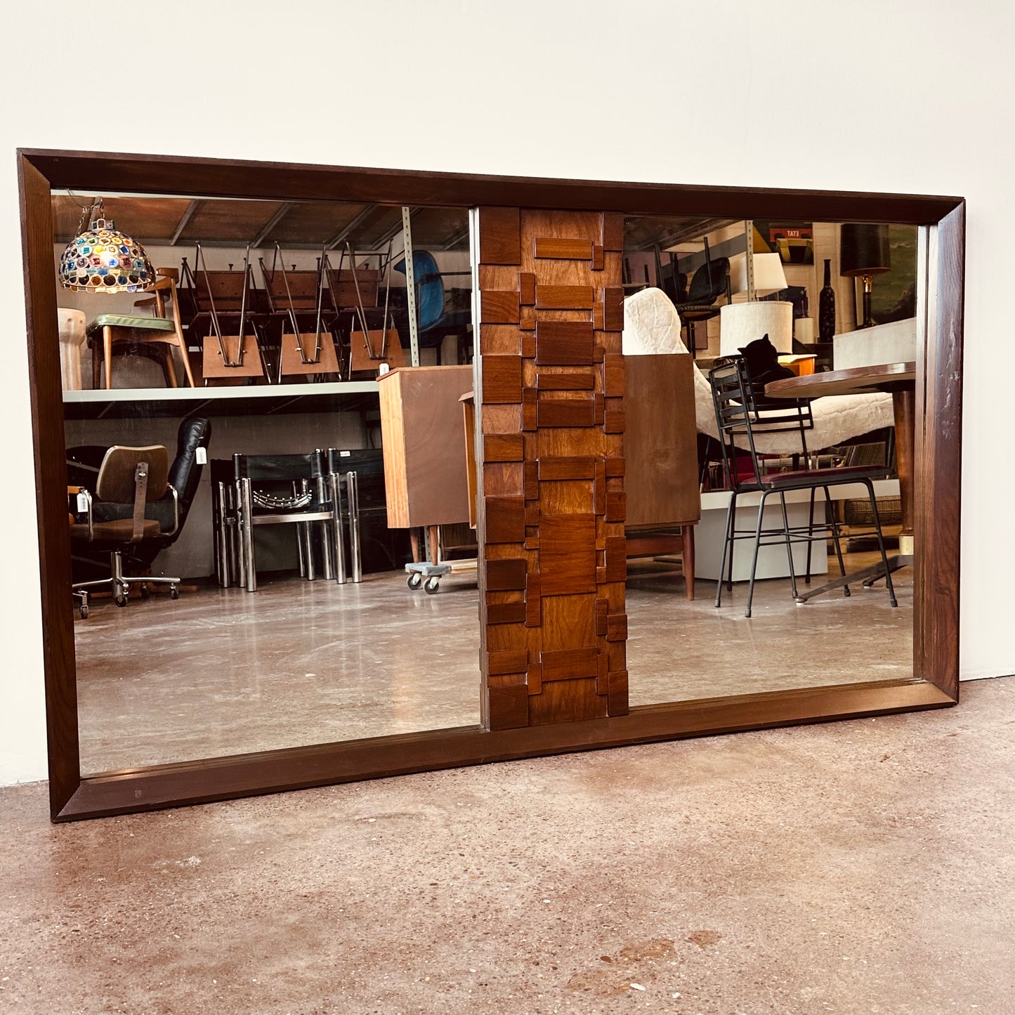 OVERSIZED WALNUT BRUTALIST WALL OR FLOOR MIRROR