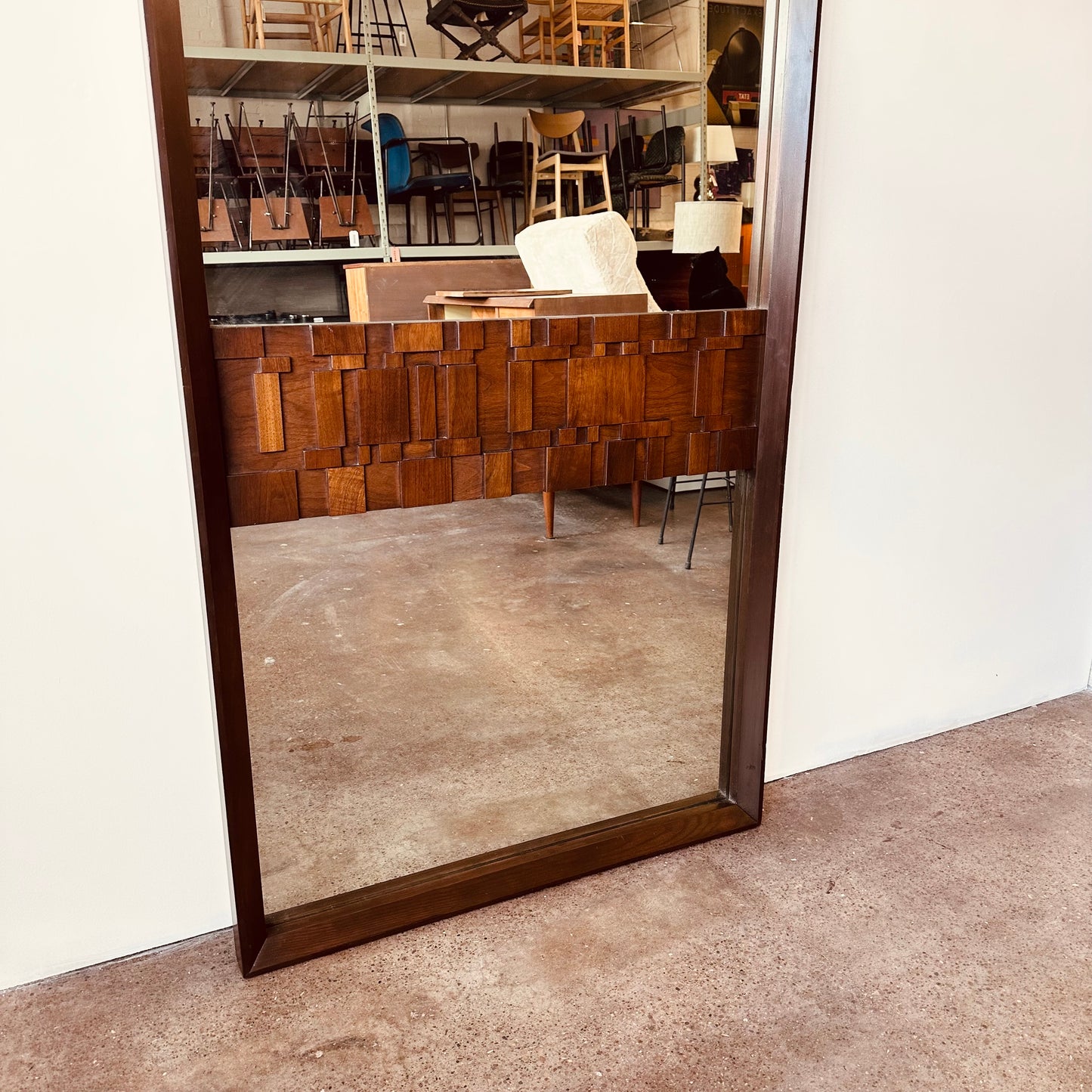 OVERSIZED WALNUT BRUTALIST WALL OR FLOOR MIRROR